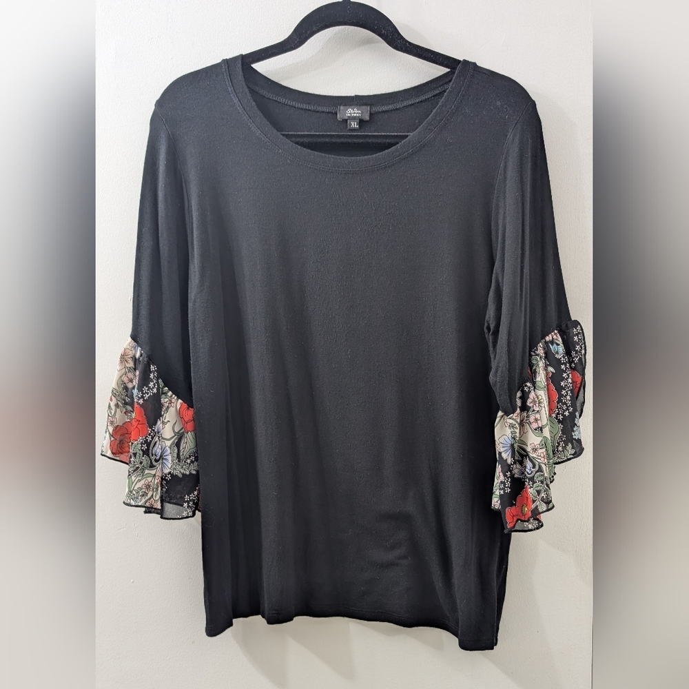 Storm Black Top with Floral Ruffle Sleeves